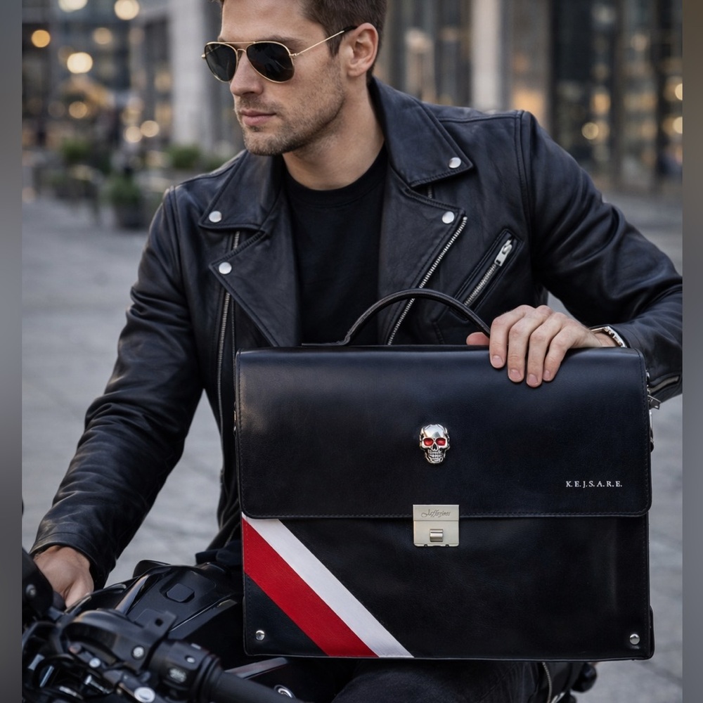 Gorgeous soft black leather briefcase! Metal skull, red, white hand painted.
